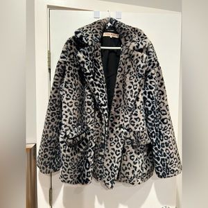 Free People Gray Leopard Faux Fur Jacket